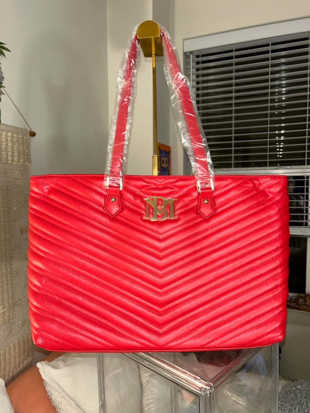 Badgley Mischka Red Quilted Chevron Laptop Vegan Tote 11.5”x 15.5”x 5.25” NWT